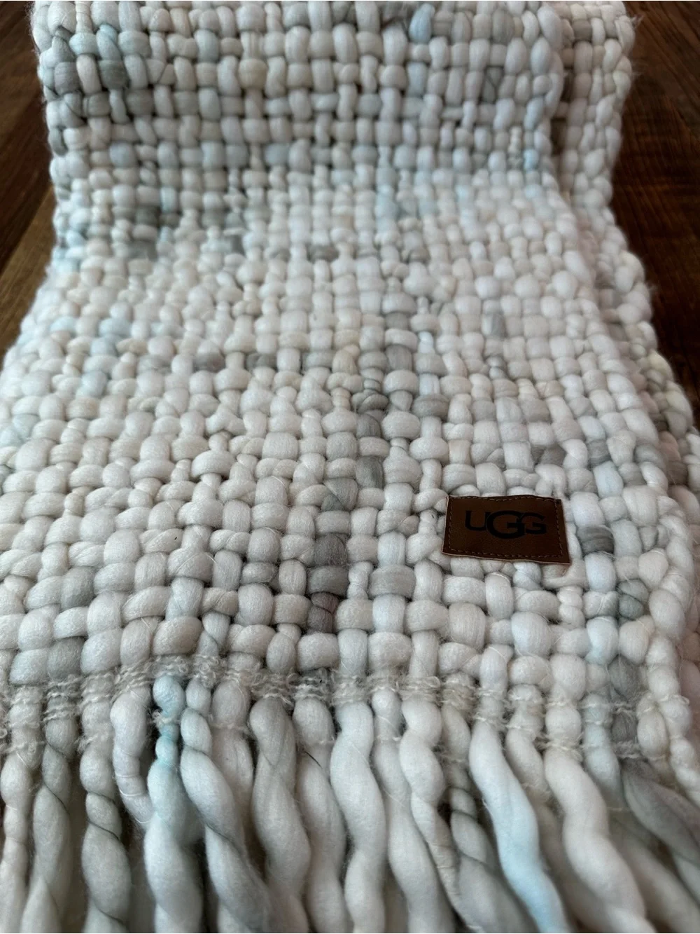 UGG Two-Tone Cream and Light Gray Chunky Knit Scarf with Fringe